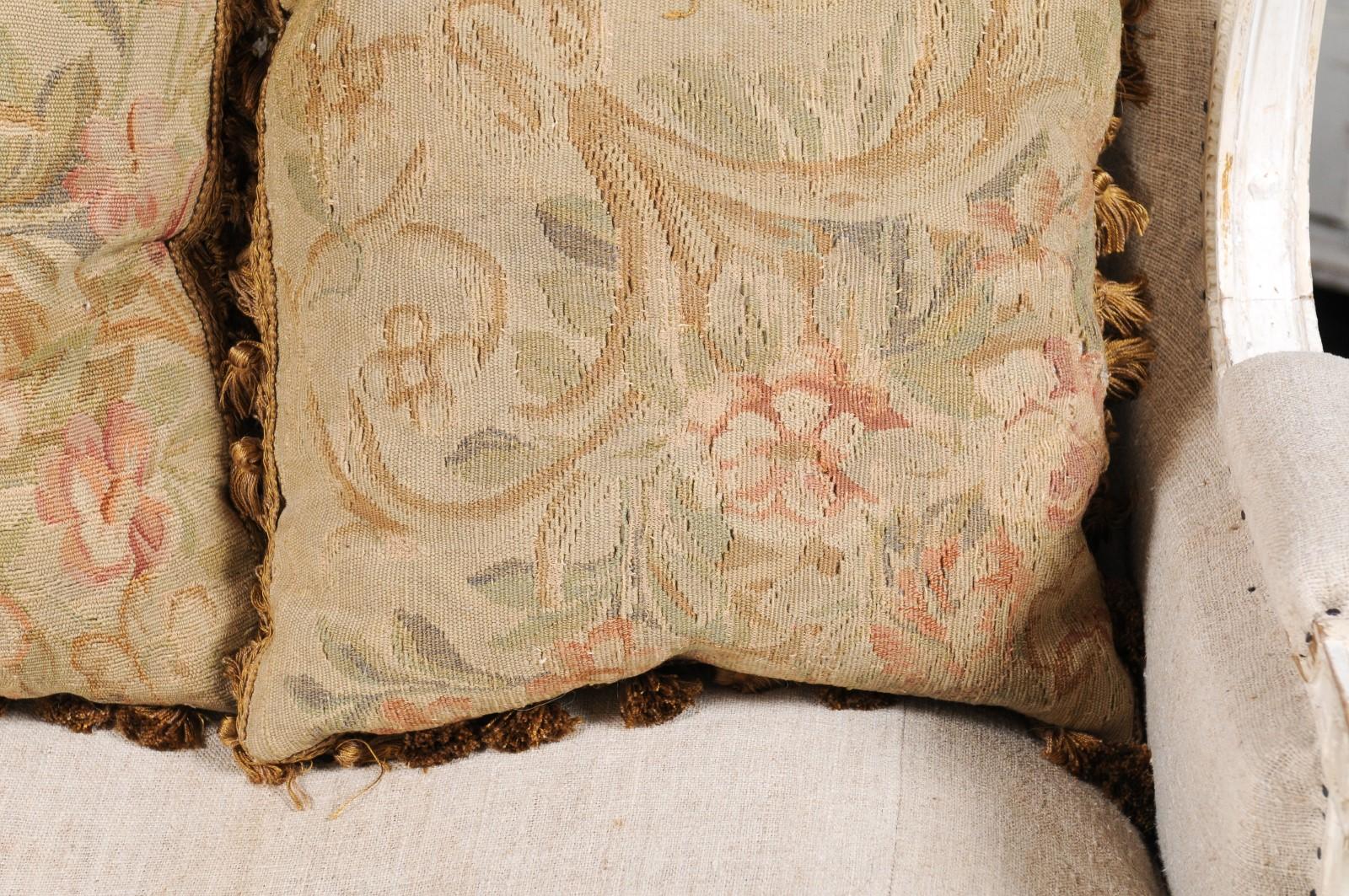 Pair of French 19th Century Aubusson Woven Tapestry Pillow with Floral Décor 1