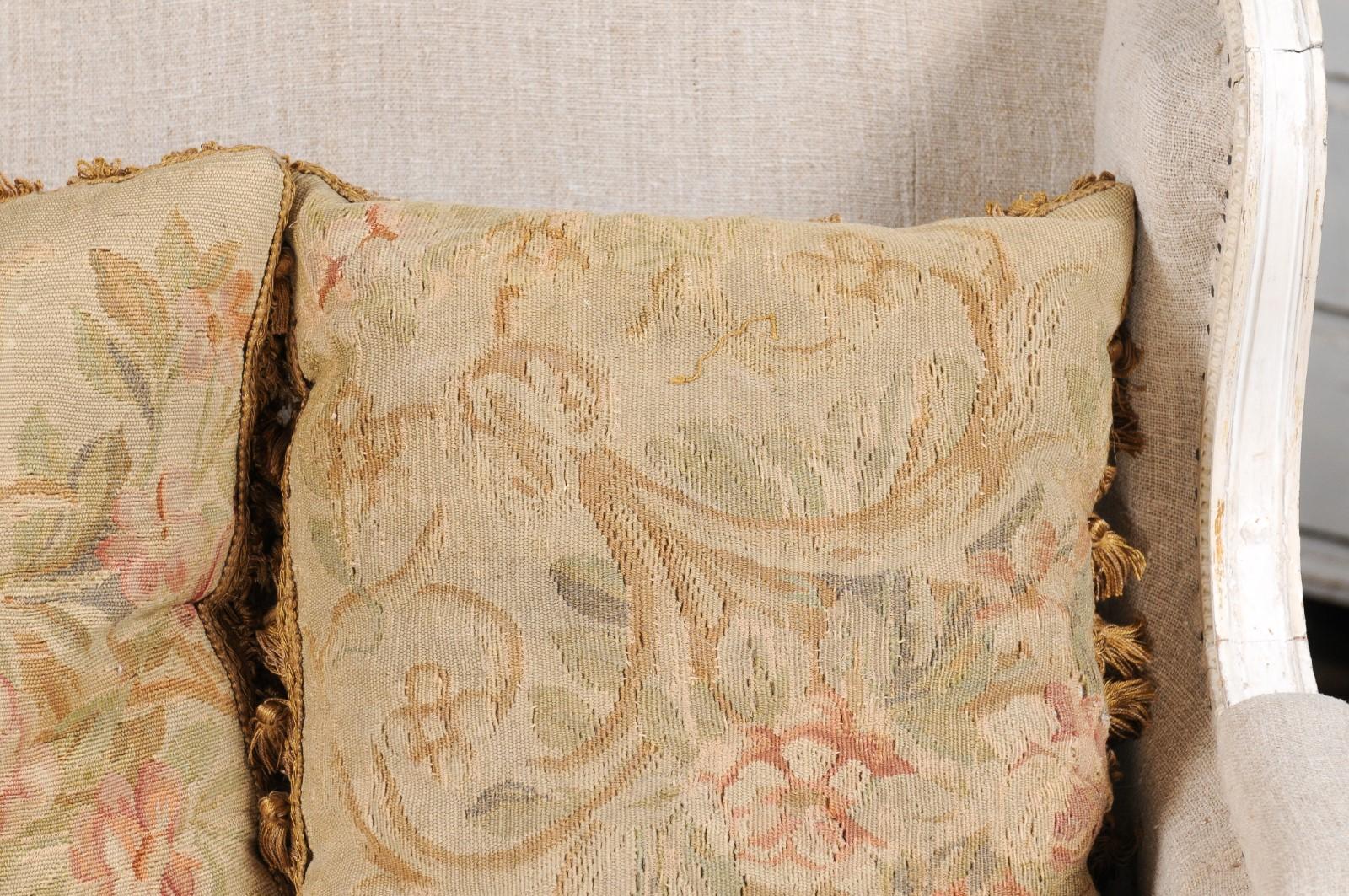 Pair of French 19th Century Aubusson Woven Tapestry Pillow with Floral Décor 2