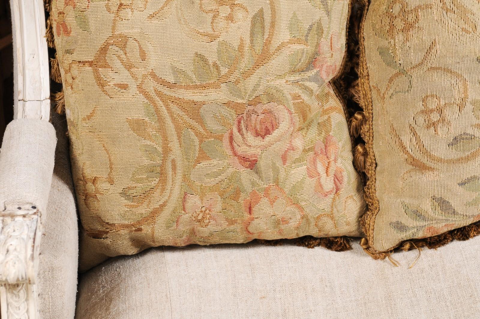 Pair of French 19th Century Aubusson Woven Tapestry Pillow with Floral Décor 3