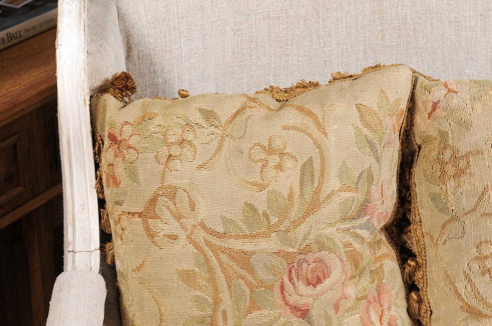 Pair of French 19th Century Aubusson Woven Tapestry Pillow with Floral Décor 4