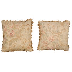 Antique Pair of French 19th Century Aubusson Woven Tapestry Pillow with Floral Décor