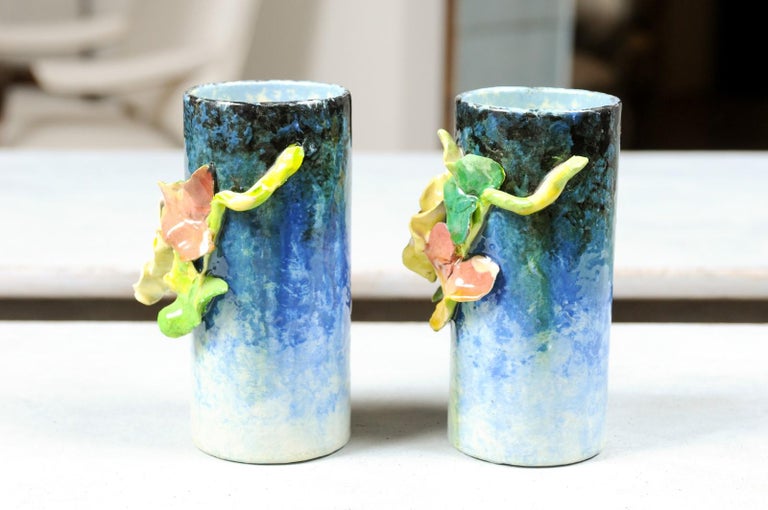 Pair of French 19th Century Barbotine Vases with High-Relief Floral Décor 3