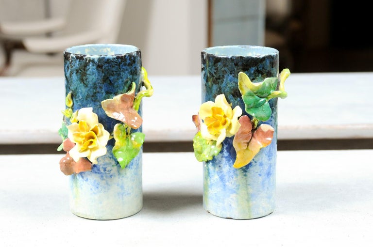 Pair of French 19th Century Barbotine Vases with High-Relief Floral Décor 4