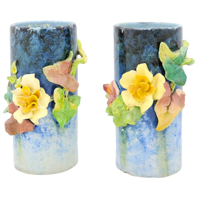 Pair of French 19th Century Barbotine Vases with High-Relief Floral Décor