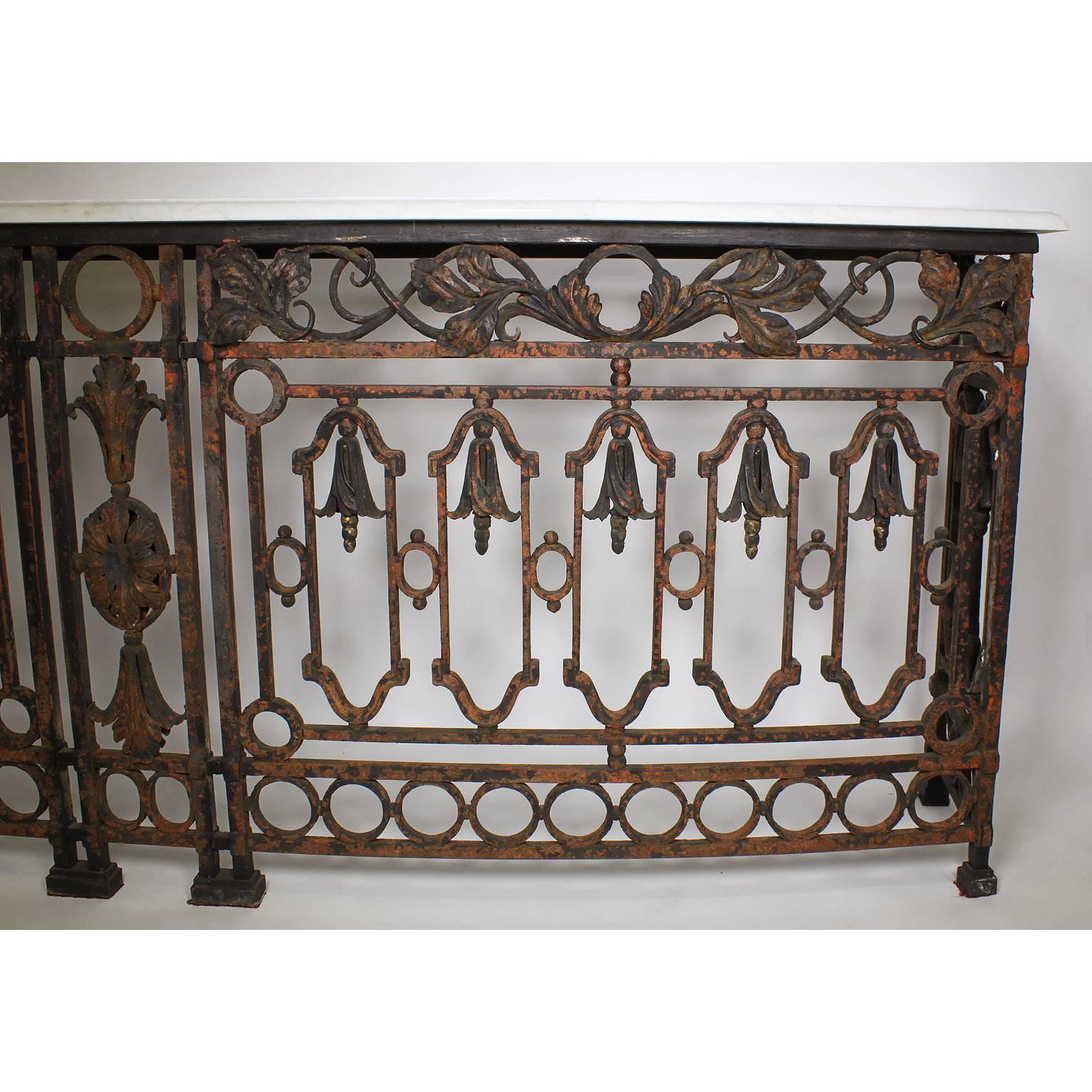 Cold-Painted Pair of French 19th Century Baroque Serpentine Wrought Iron Wall Console Tables For Sale