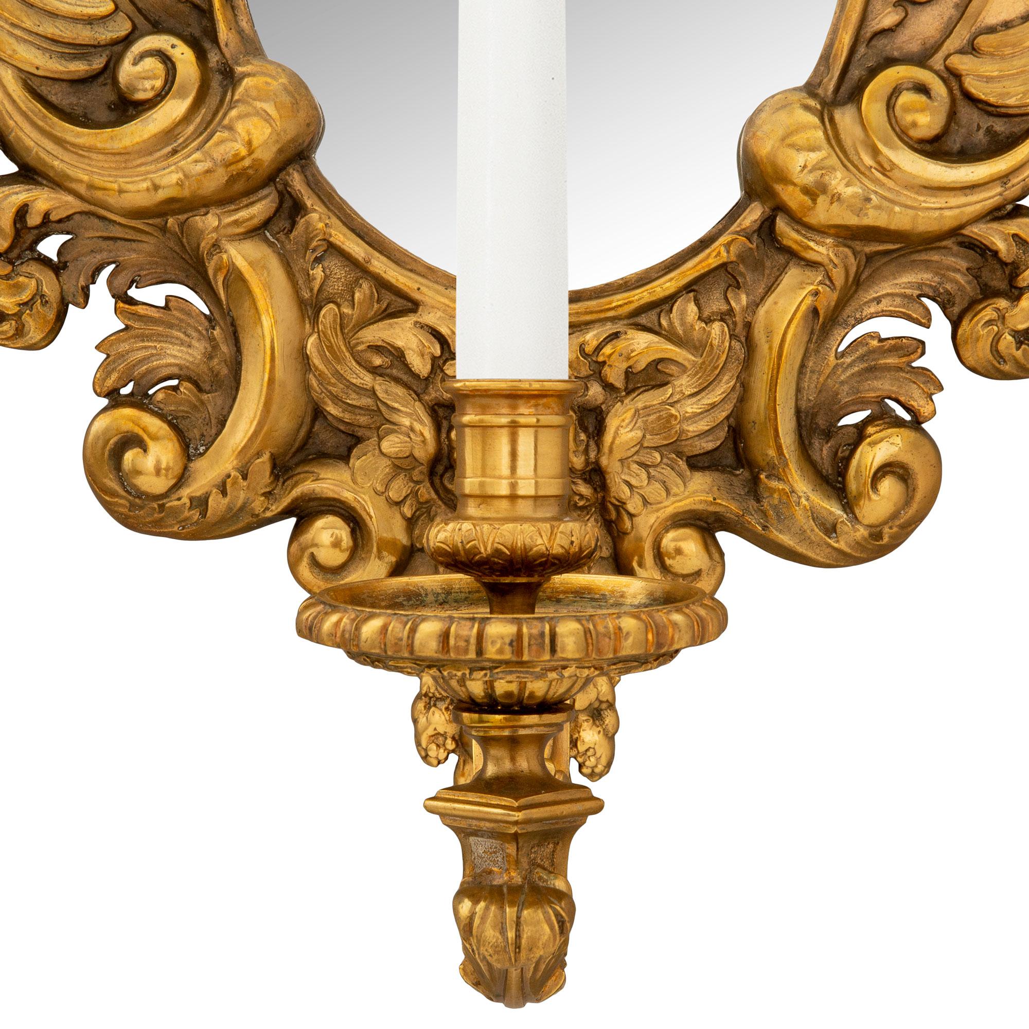 Pair of French 19th Century Baroque Style Ormolu Mirrored Sconces For Sale 5
