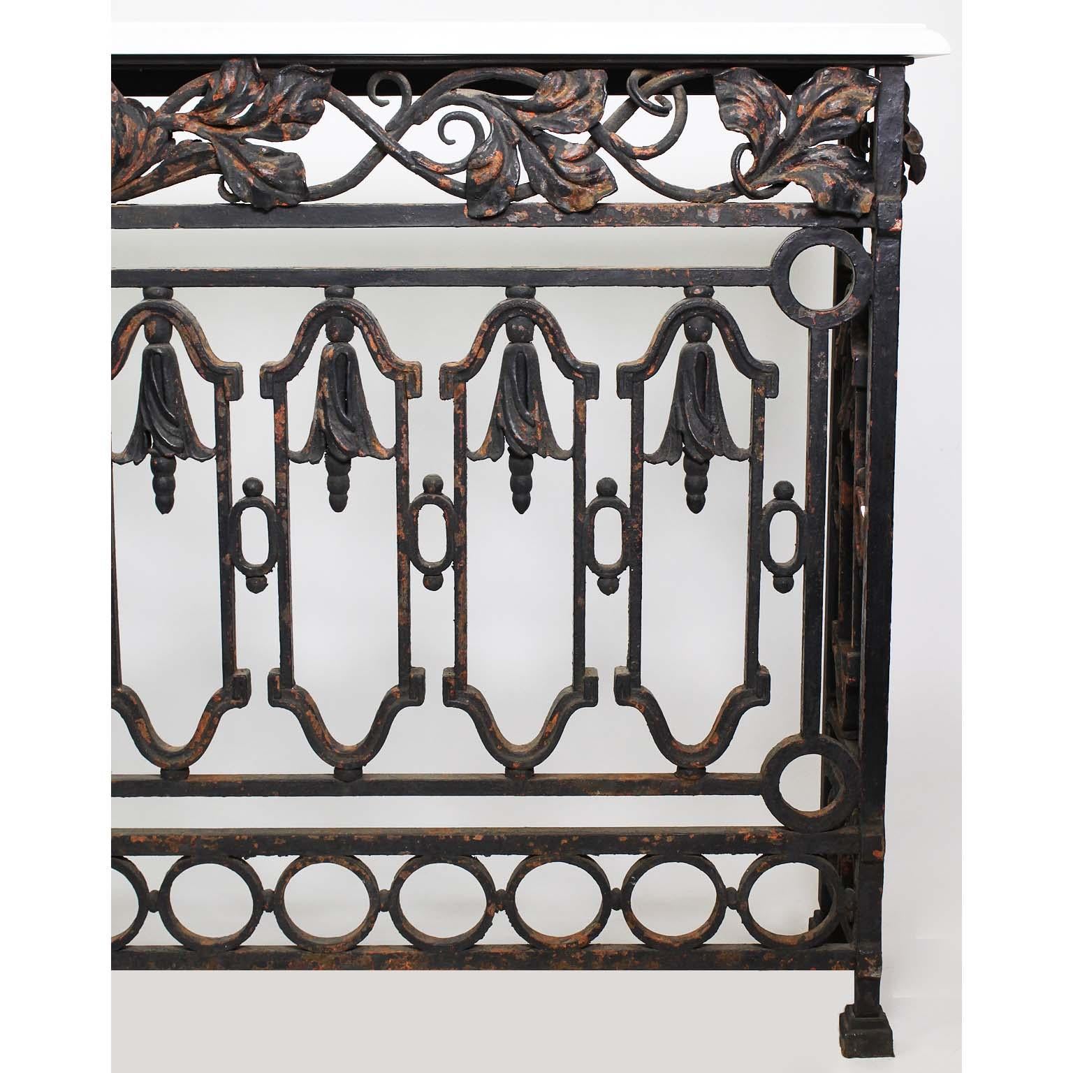 Marble Pair of French, 19th Century Baroque Style Wrought Iron Wall Console Tables For Sale