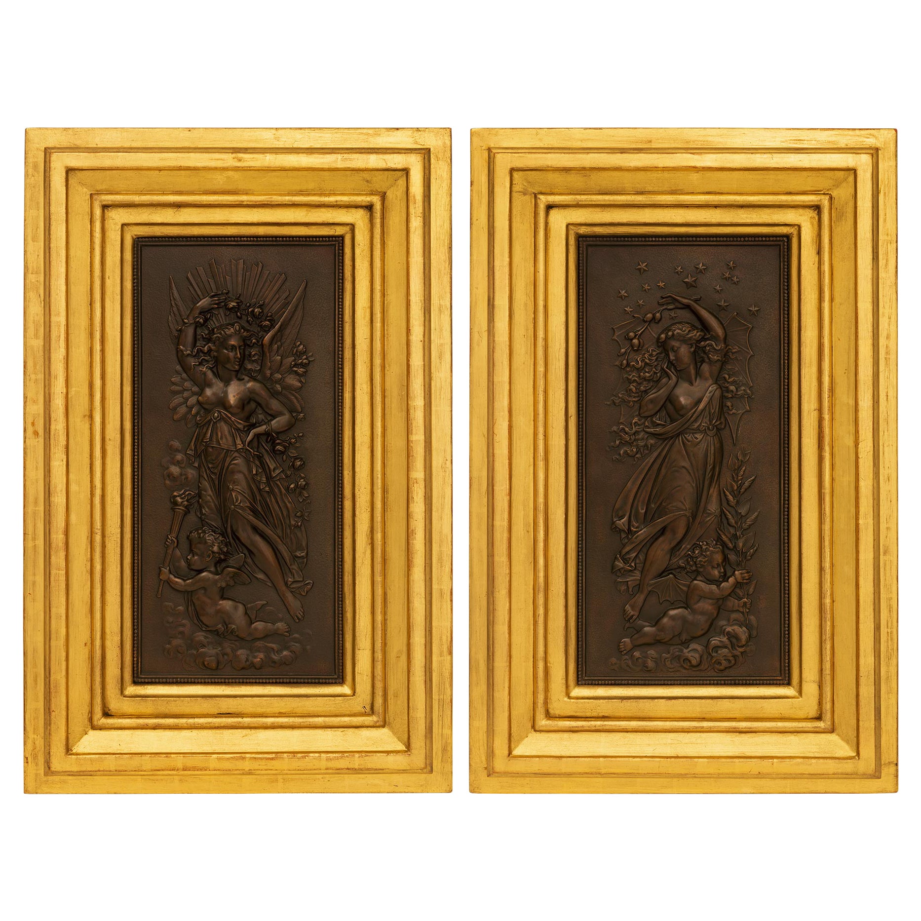 Coppia di targhe da parete in bronzo e legno dorato del periodo Belle Époque del 19° secolo