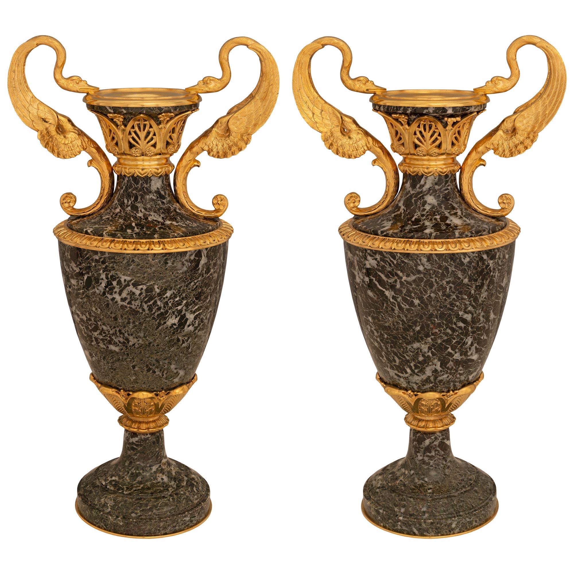 Pair Of French 19th Century Belle Époque Period Green Marble & Ormolu Urns For Sale 7