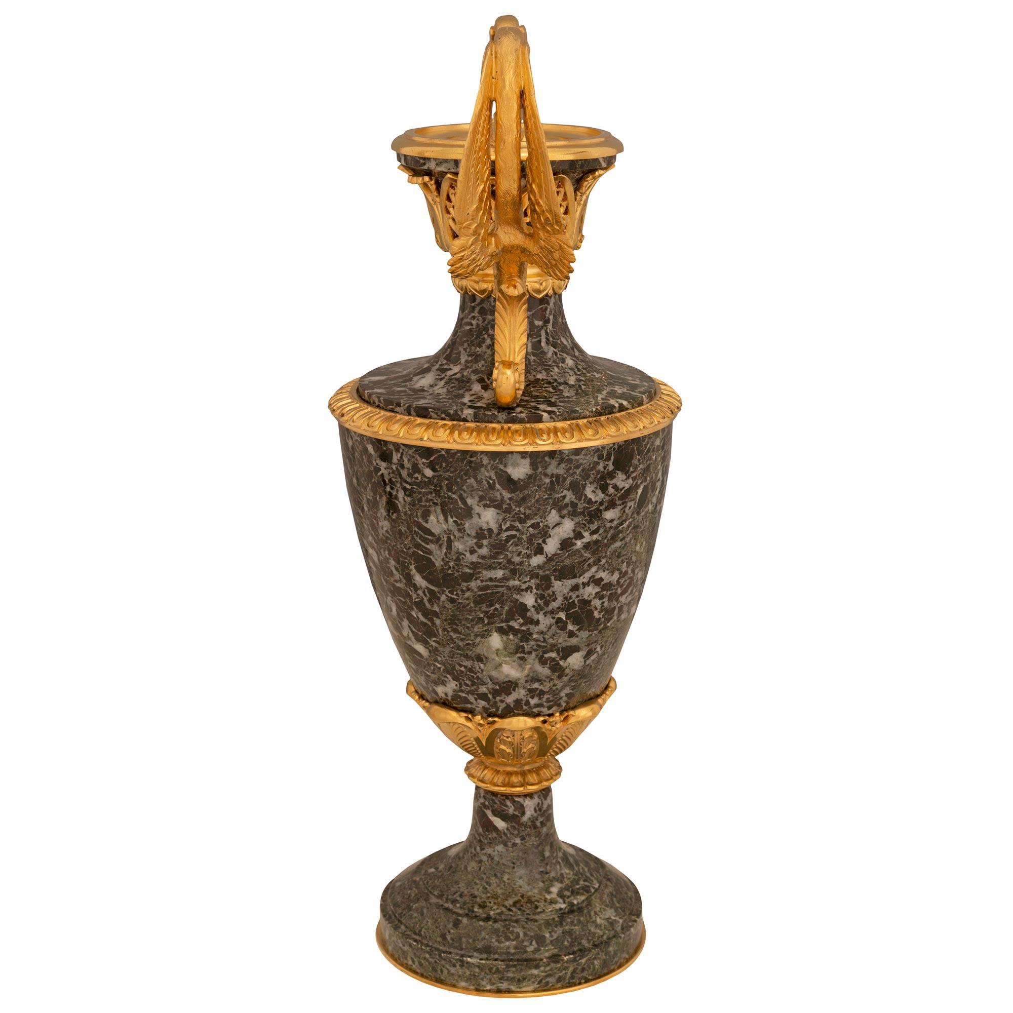 Pair Of French 19th Century Belle Époque Period Green Marble & Ormolu Urns For Sale 1