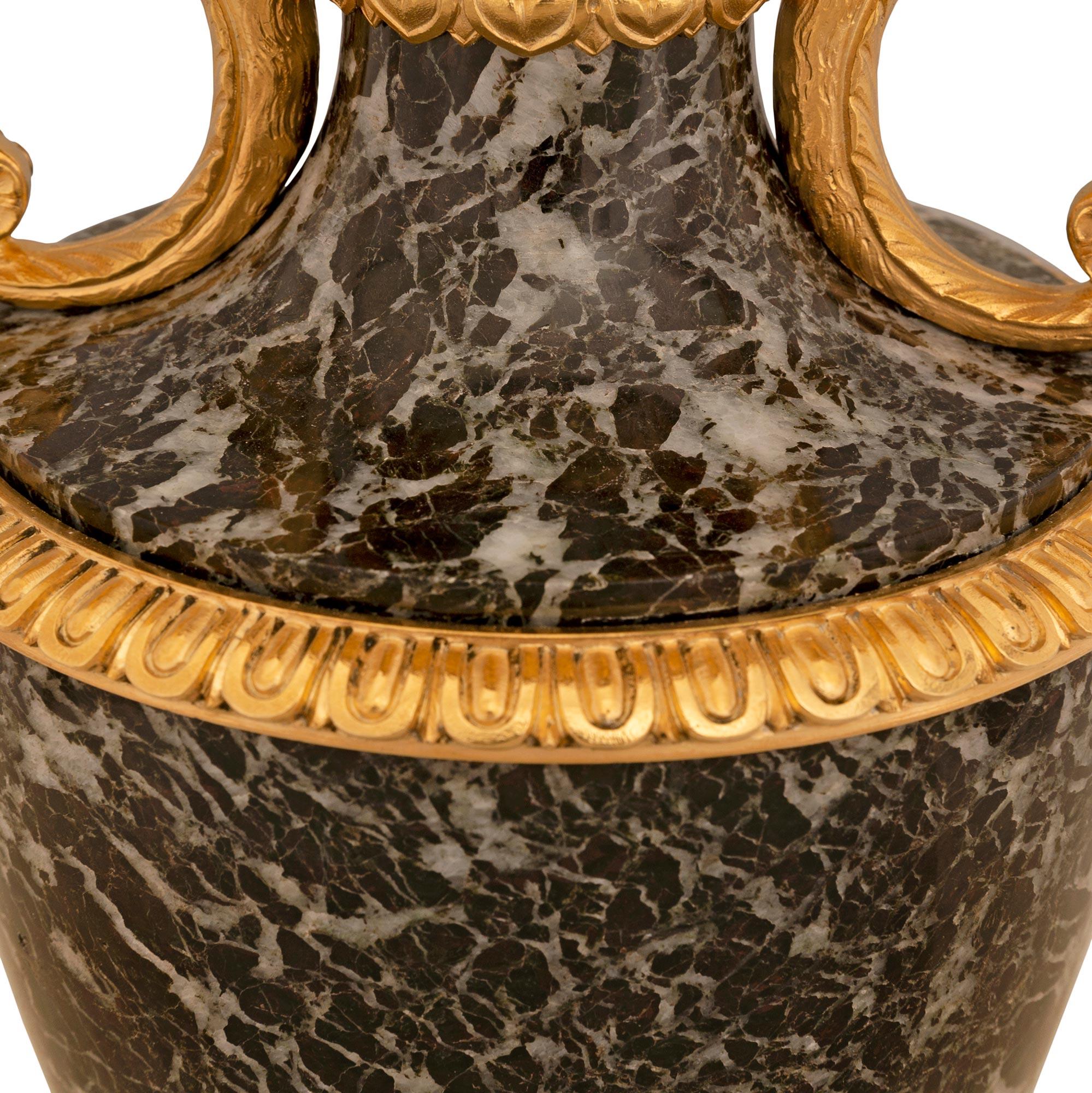 Pair Of French 19th Century Belle Époque Period Green Marble & Ormolu Urns For Sale 5