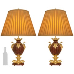 pair of French 19th century Belle Epoque Period Griotte marble and Ormolu lamps
