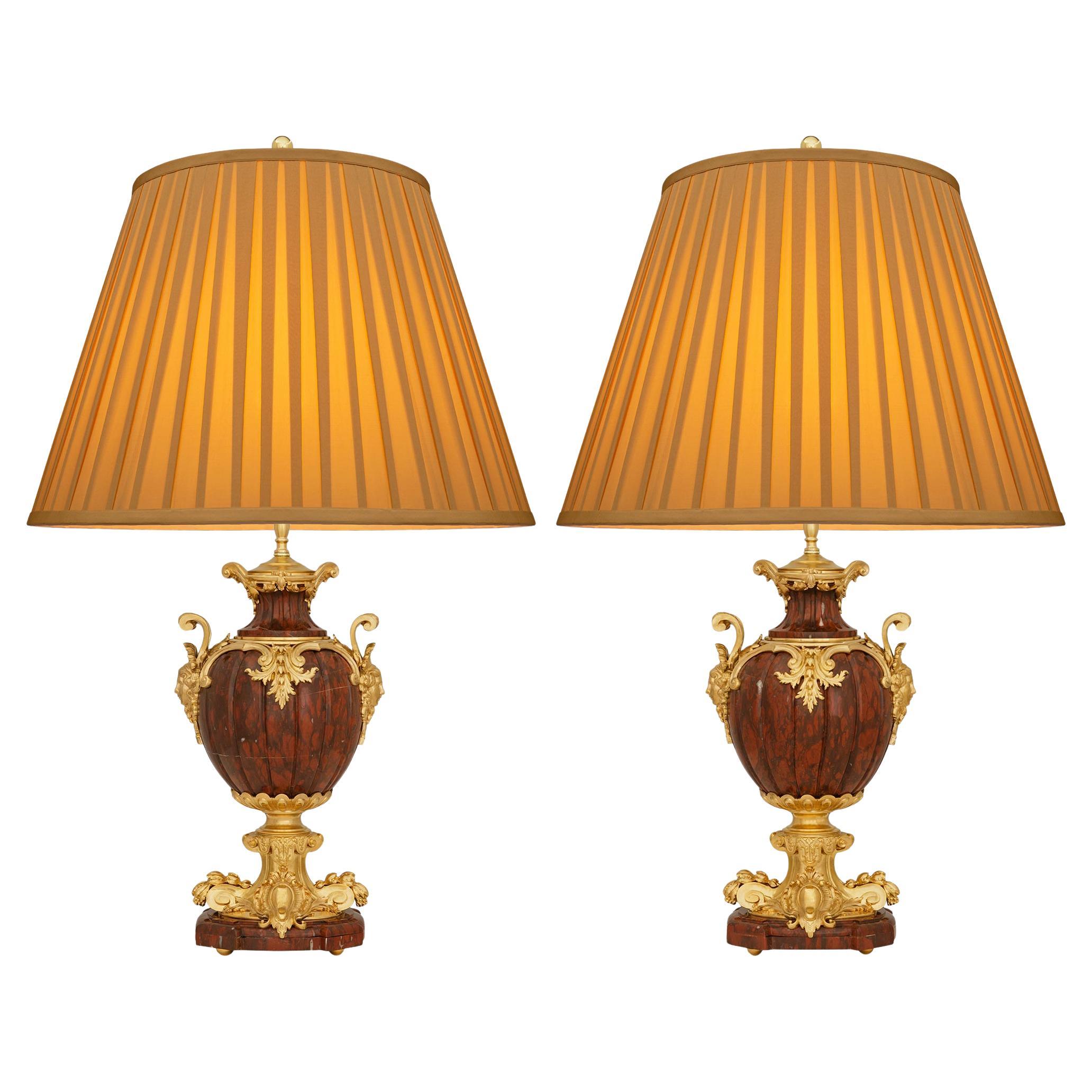 pair of French 19th century Belle Epoque Period Griotte marble and Ormolu lamps