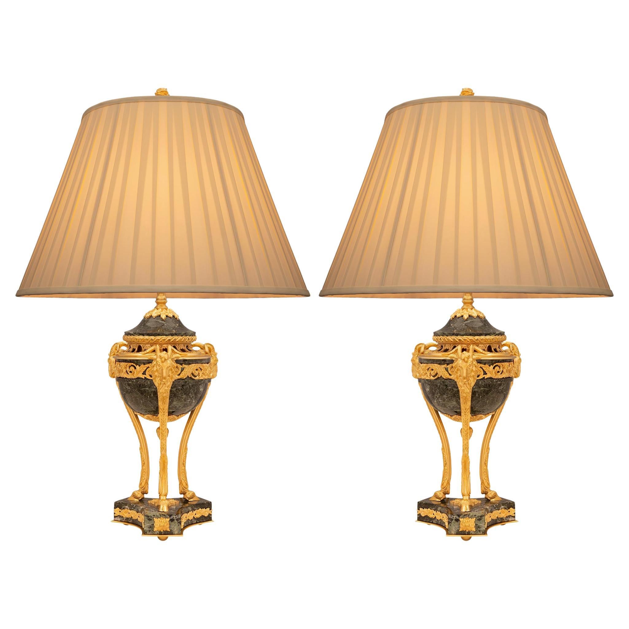 Pair of French 19th Century Belle Époque Period Marble and Ormolu Lamps For Sale