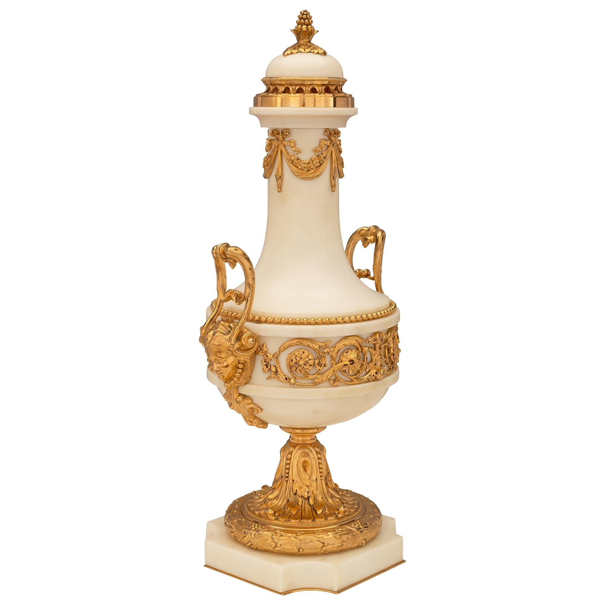 Louis XVI Pair Of French 19th Century Belle Époque Period Marble And Ormolu Lidded Urns For Sale
