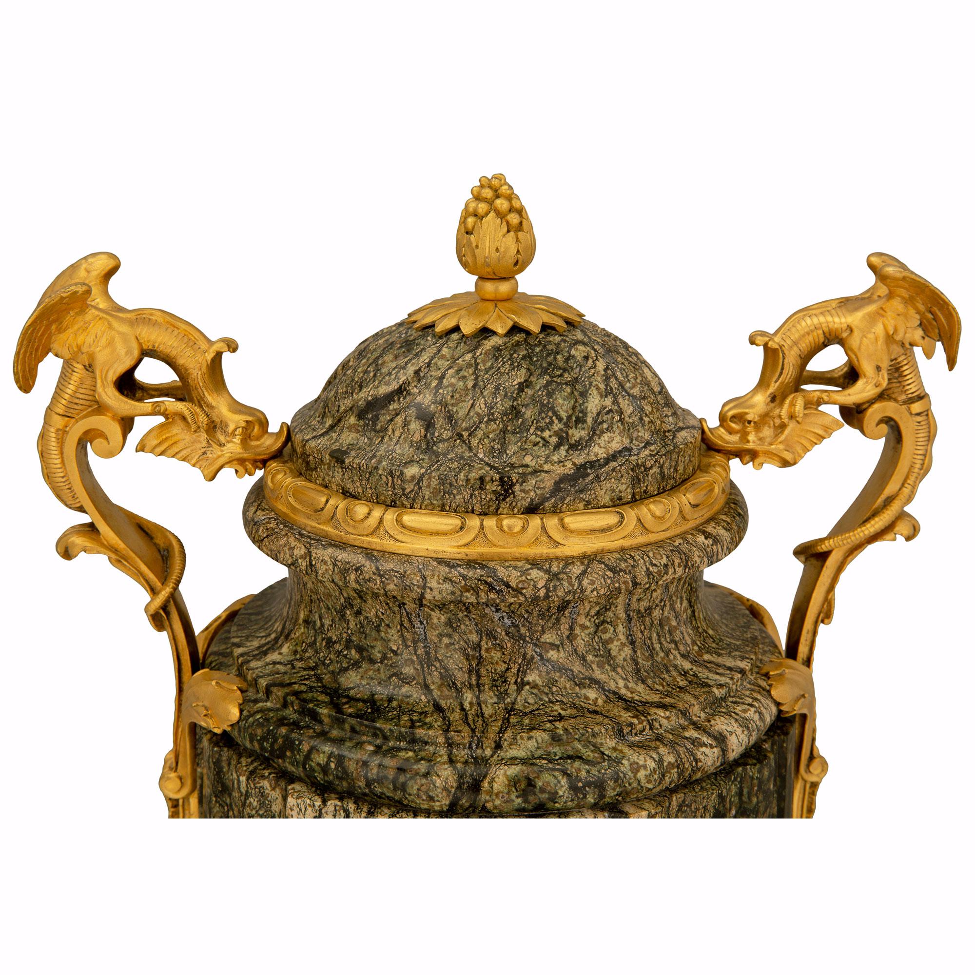 Pair of French 19th Century Belle Époque Period Marble and Ormolu Urns For Sale 1
