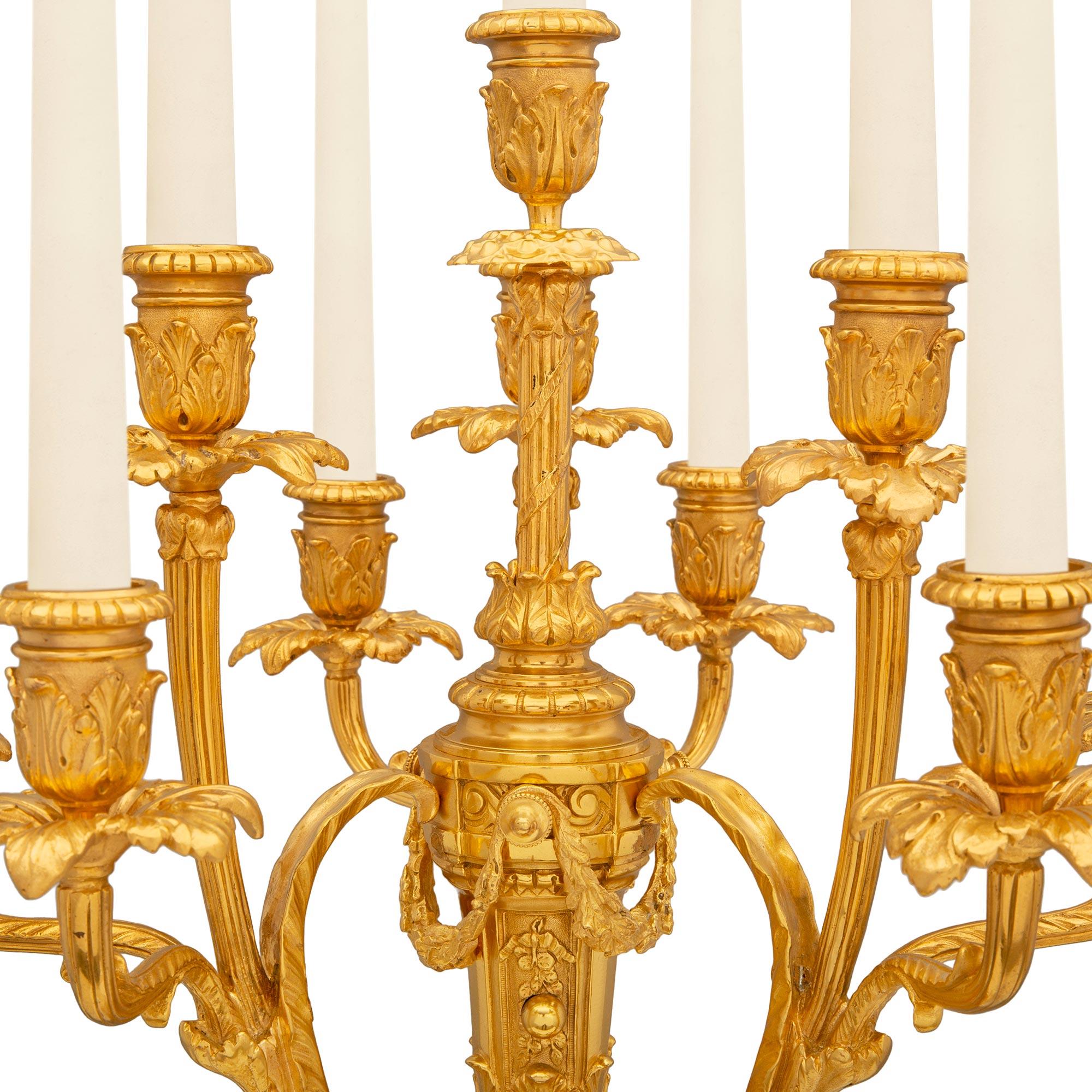 Louis XVI Pair Of French 19th Century Belle Époque Period Ormolu And Marble Candelabras For Sale