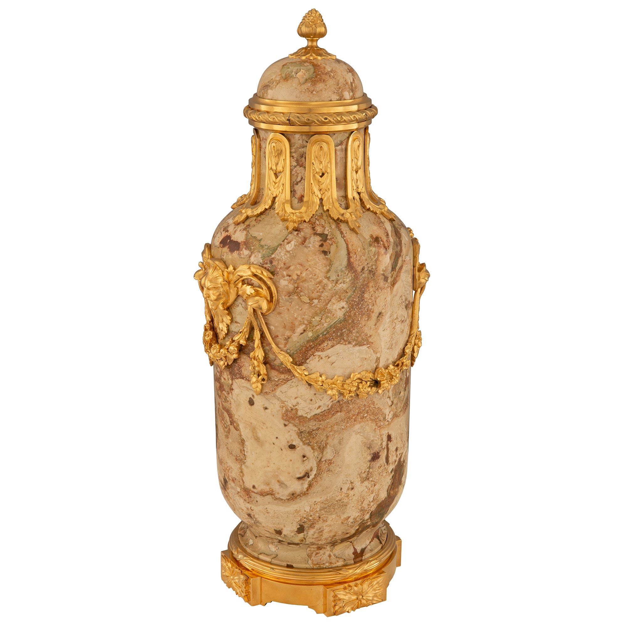 Louis XVI Pair Of French 19th Century Belle Époque Period Ormolu And Marble Lidded Urns For Sale