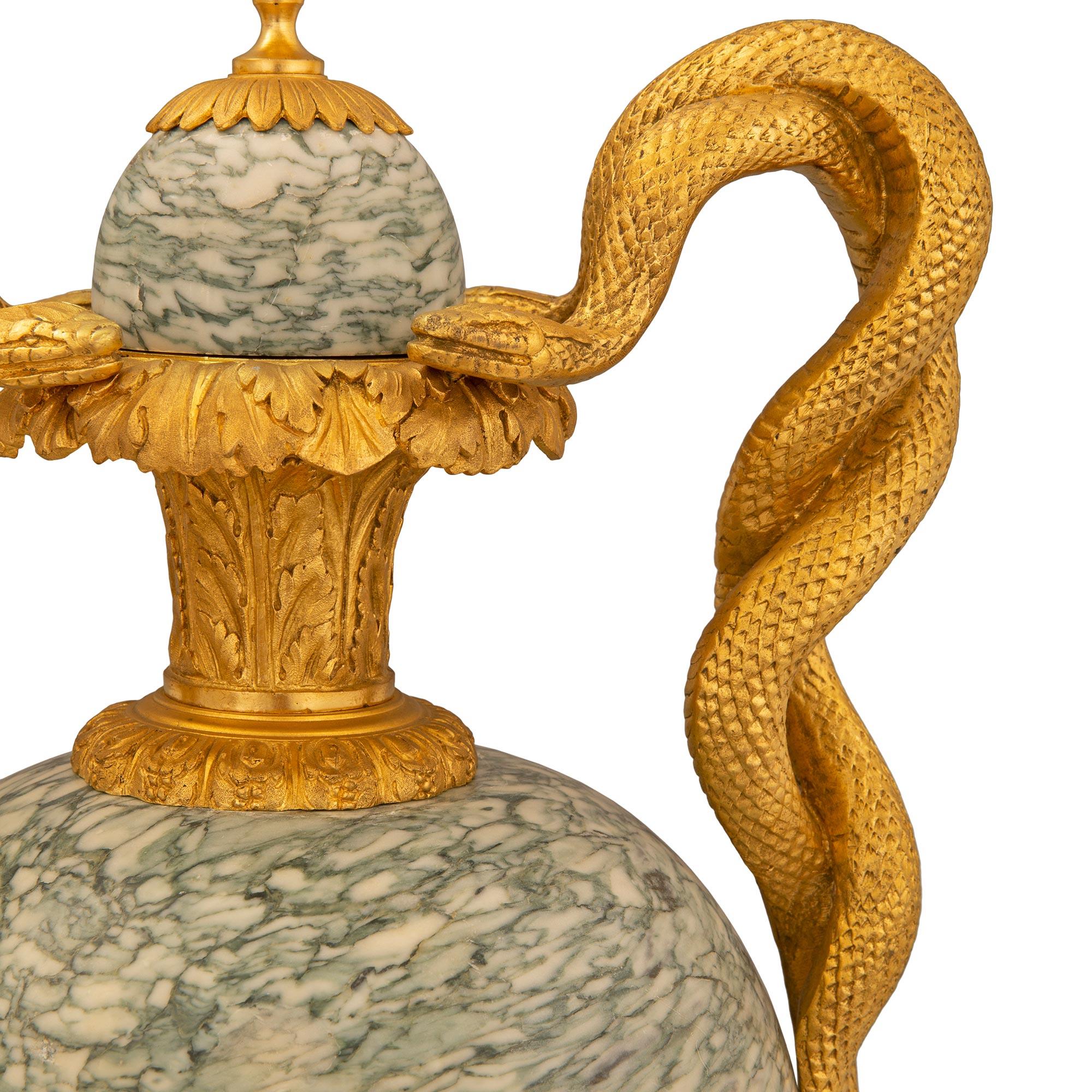 Pair Of French 19th Century Belle Époque Period Ormolu And Marble Lidded Urns For Sale 1