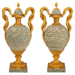 Antique Pair Of French 19th Century Belle Époque Period Ormolu And Marble Lidded Urns