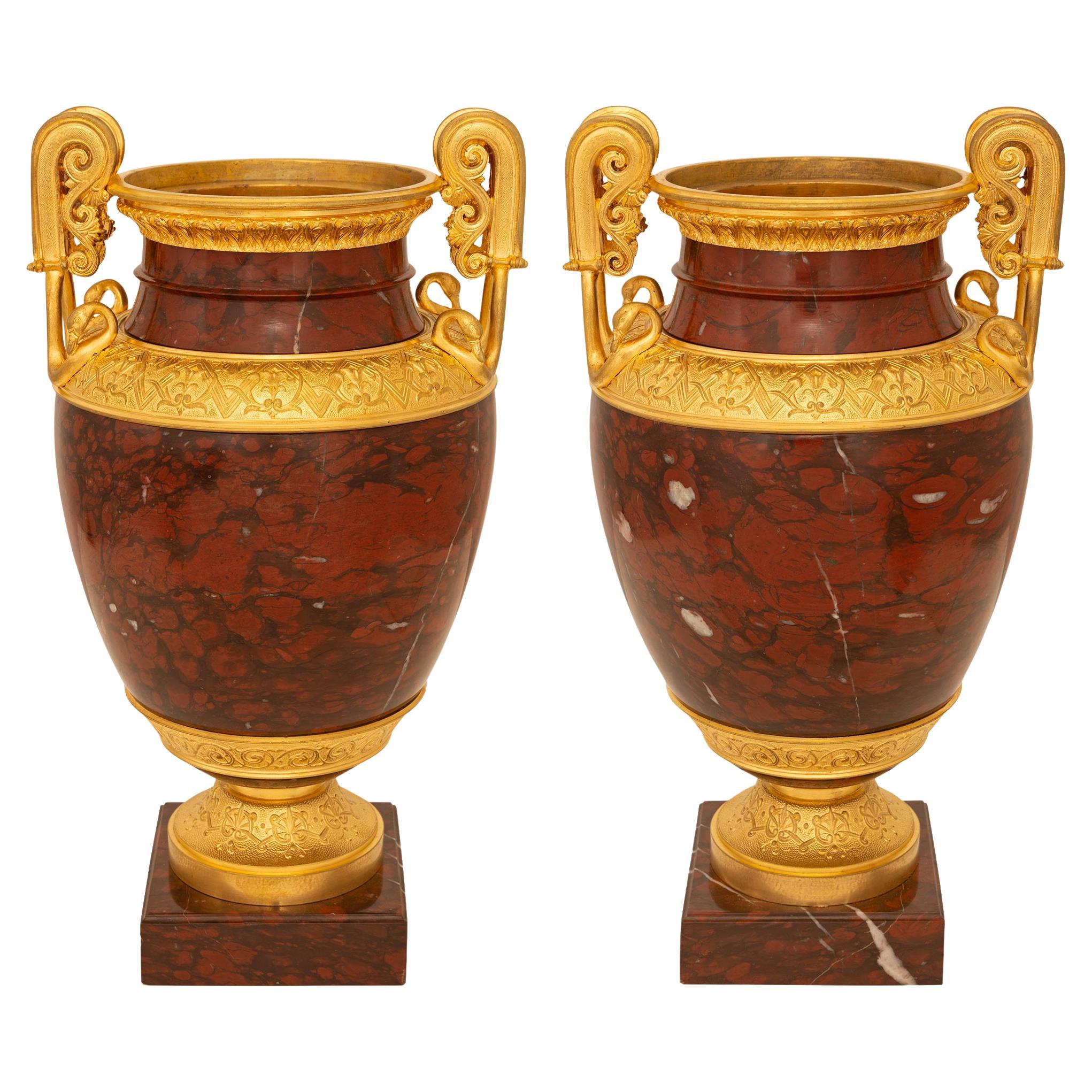 pair of French 19th century Belle Époque period Ormolu and Marble urns