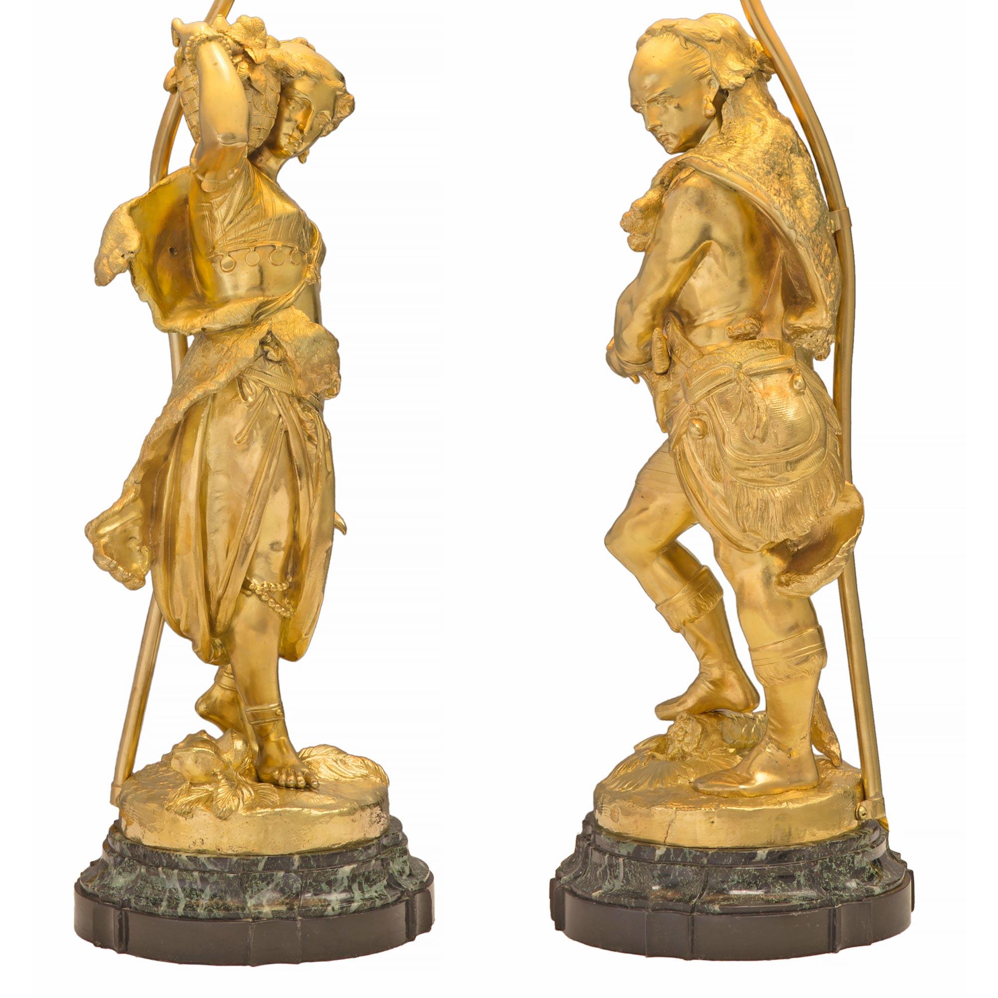 Ormolu Pair of French 19th Century Belle Époque Period Statues Mounted into Lamps For Sale