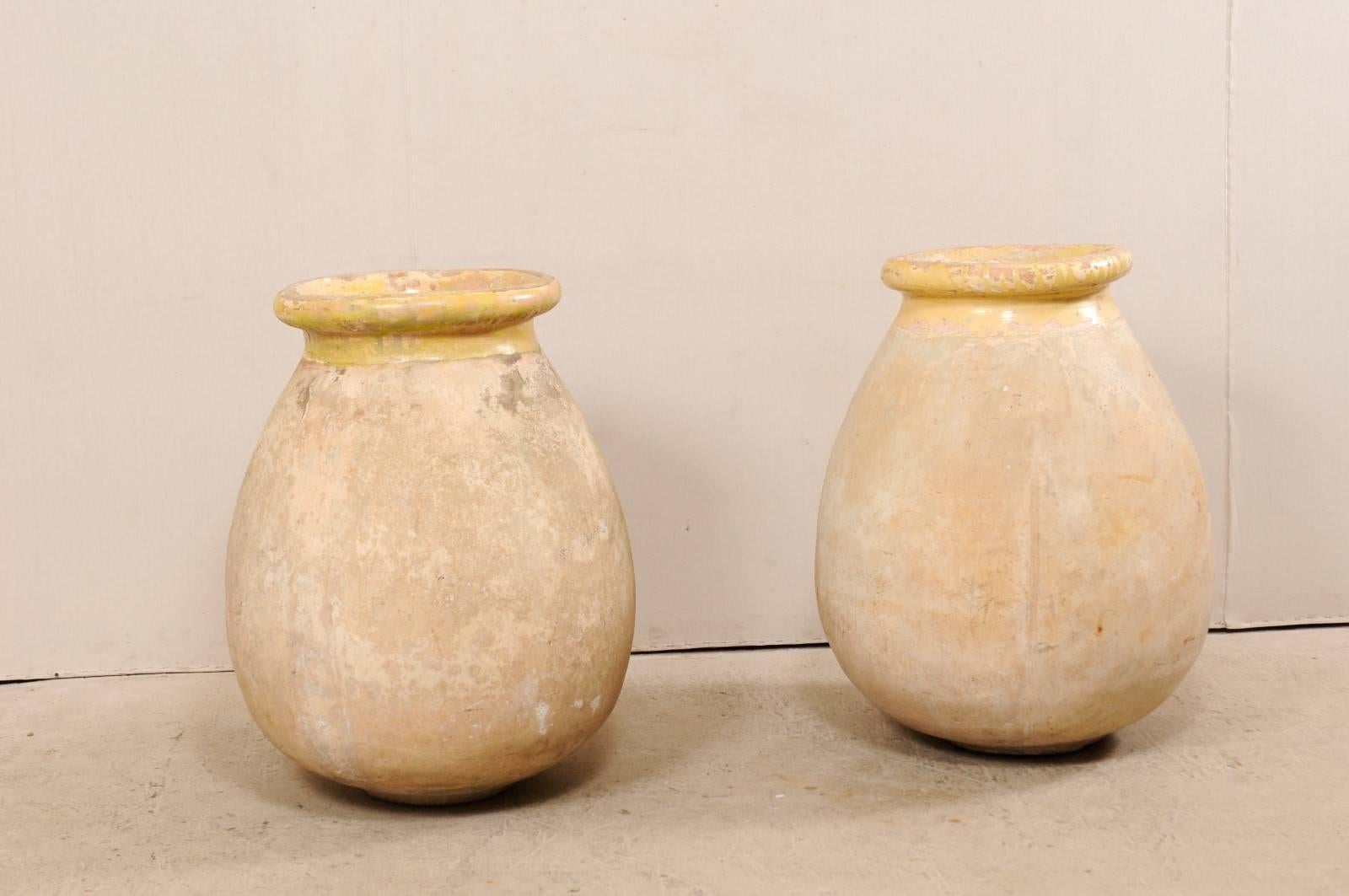 Pair of French 19th Century Biot Terracotta Pale Yellow Glazed Olive Jars In Good Condition In Atlanta, GA