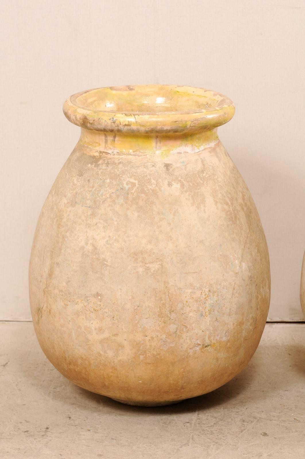 Pair of French 19th Century Biot Terracotta Pale Yellow Glazed Olive Jars 1