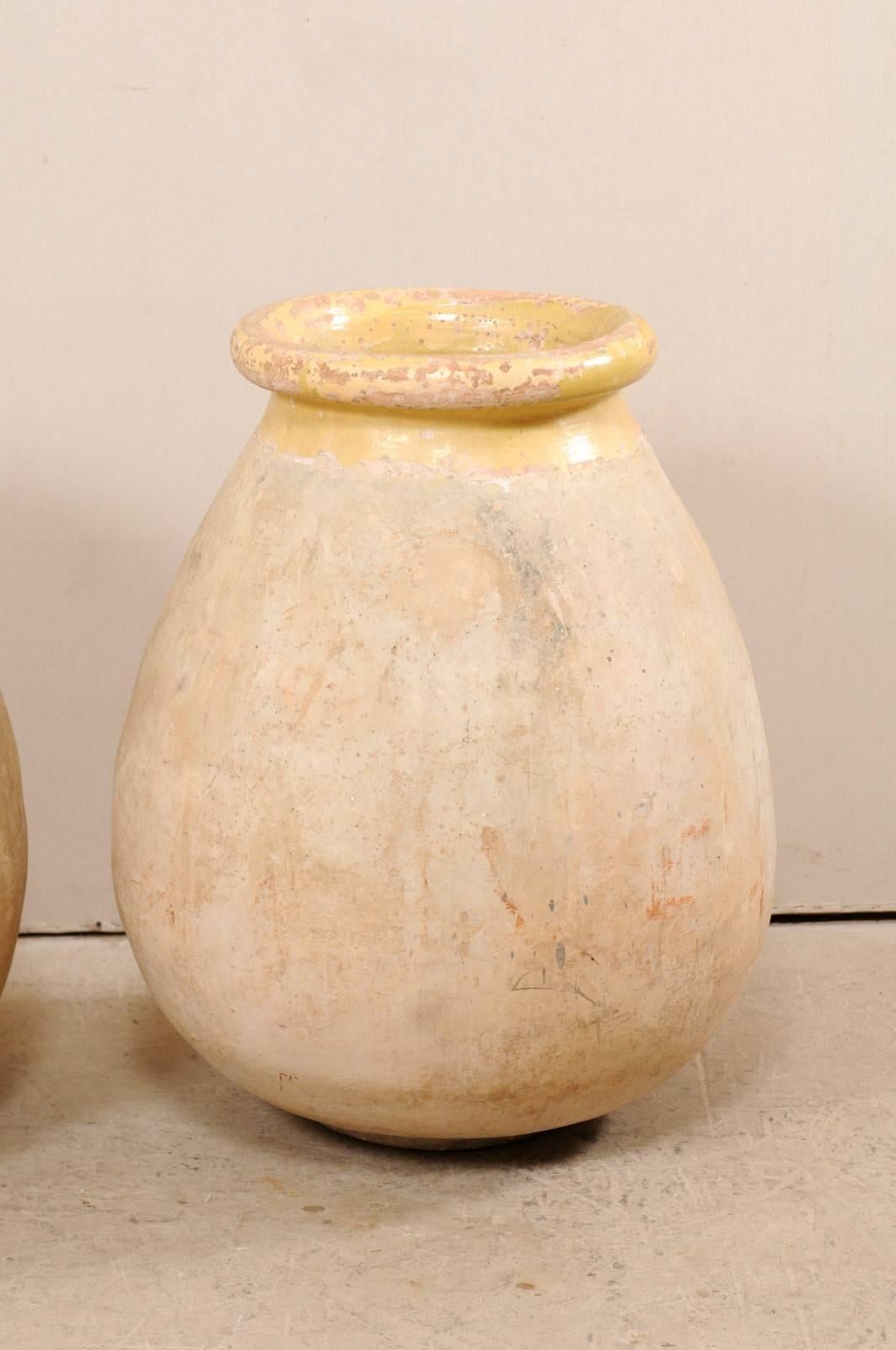 Pair of French 19th Century Biot Terracotta Pale Yellow Glazed Olive Jars 2
