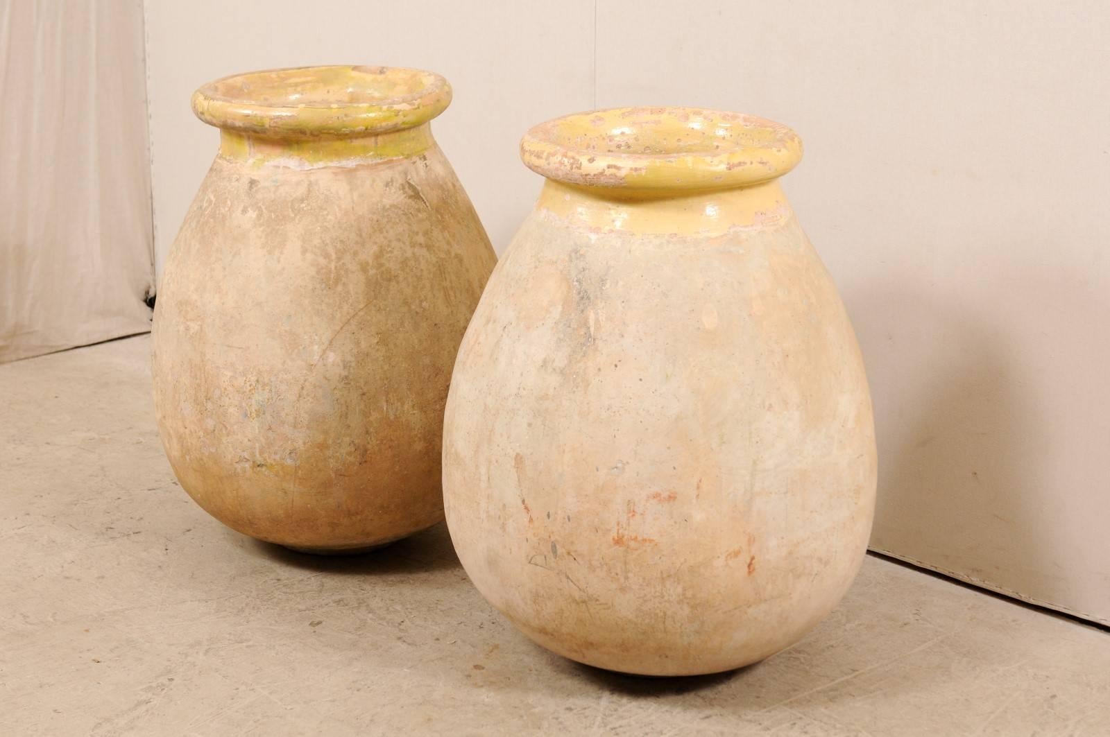 Pair of French 19th Century Biot Terracotta Pale Yellow Glazed Olive Jars 4