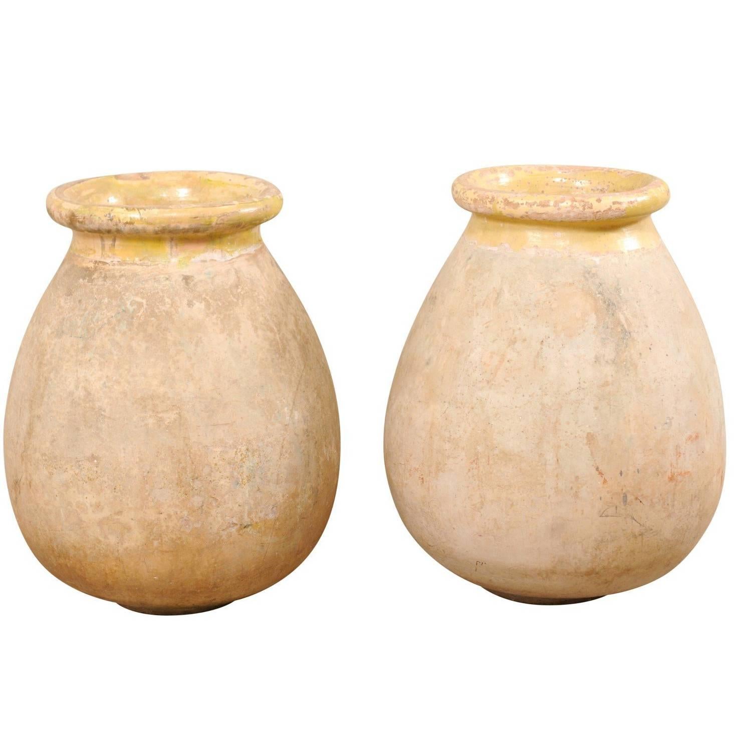 Pair of French 19th Century Biot Terracotta Pale Yellow Glazed Olive Jars