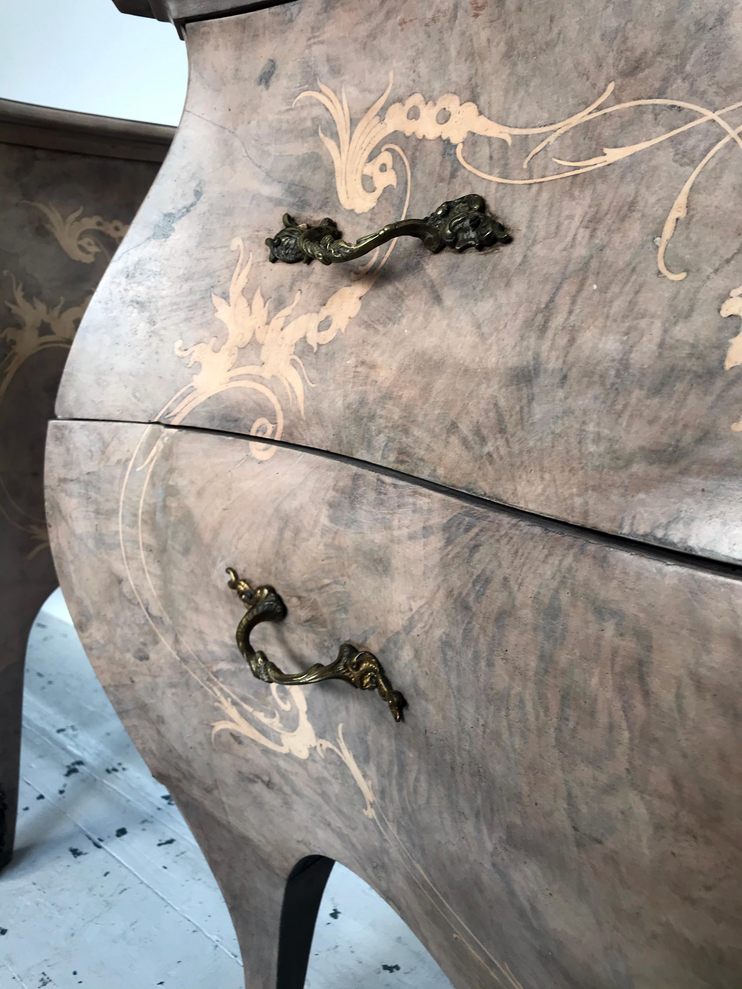 Baroque Revival Pair of French 19th Century Bleached Walnut Bombe Commodes