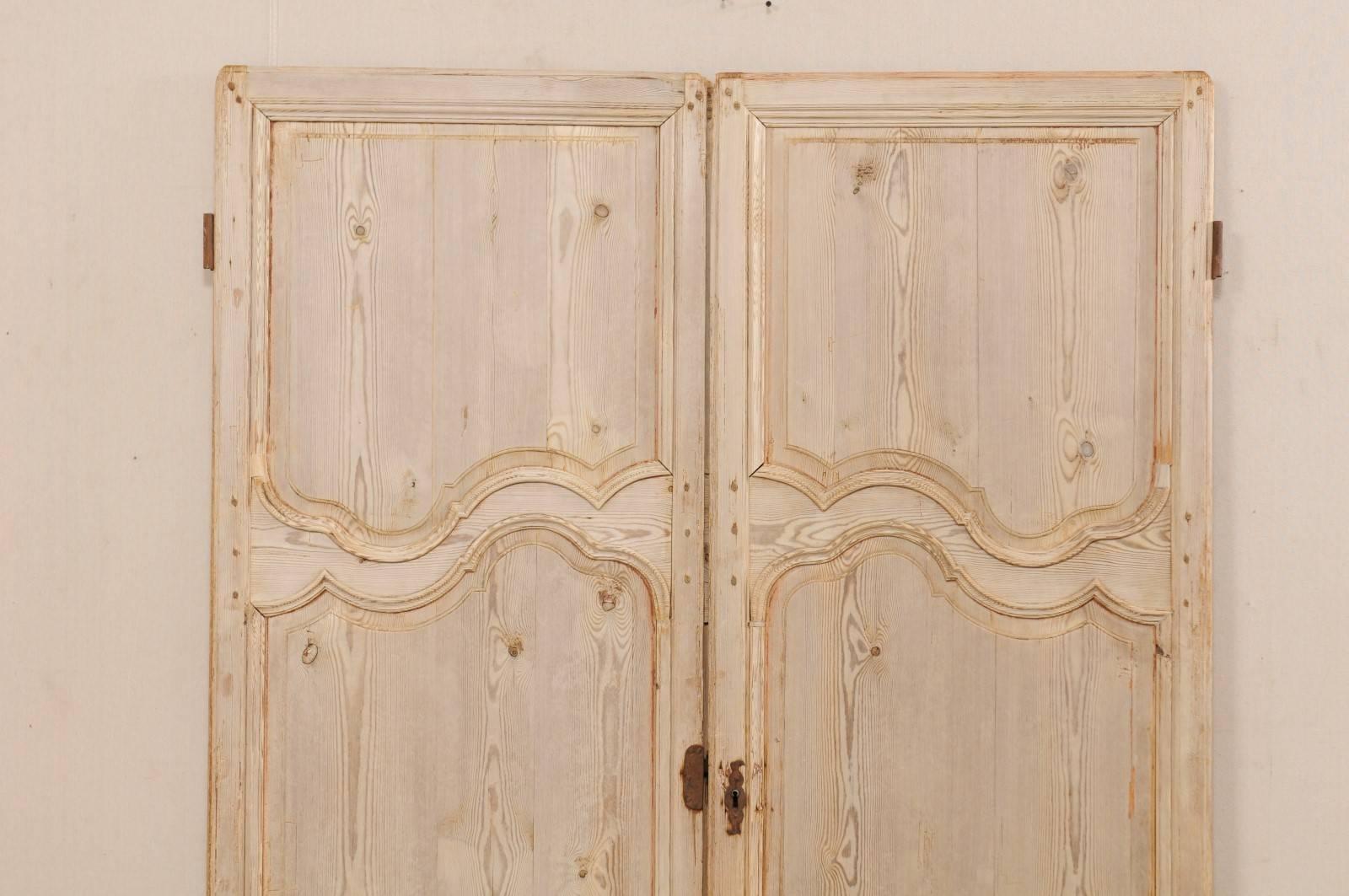Carved Pair of French 19th Century Bleached Wood Doors with Nice Scalloped Carvings