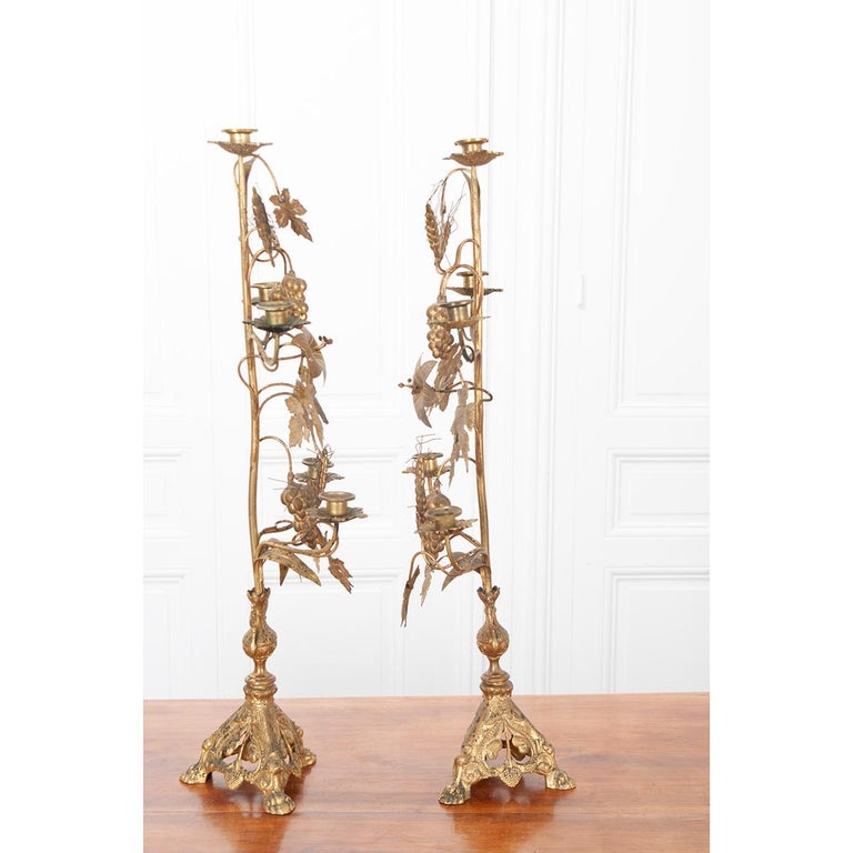 Pair of French 19th Century Brass Altar Candelabra For Sale 6