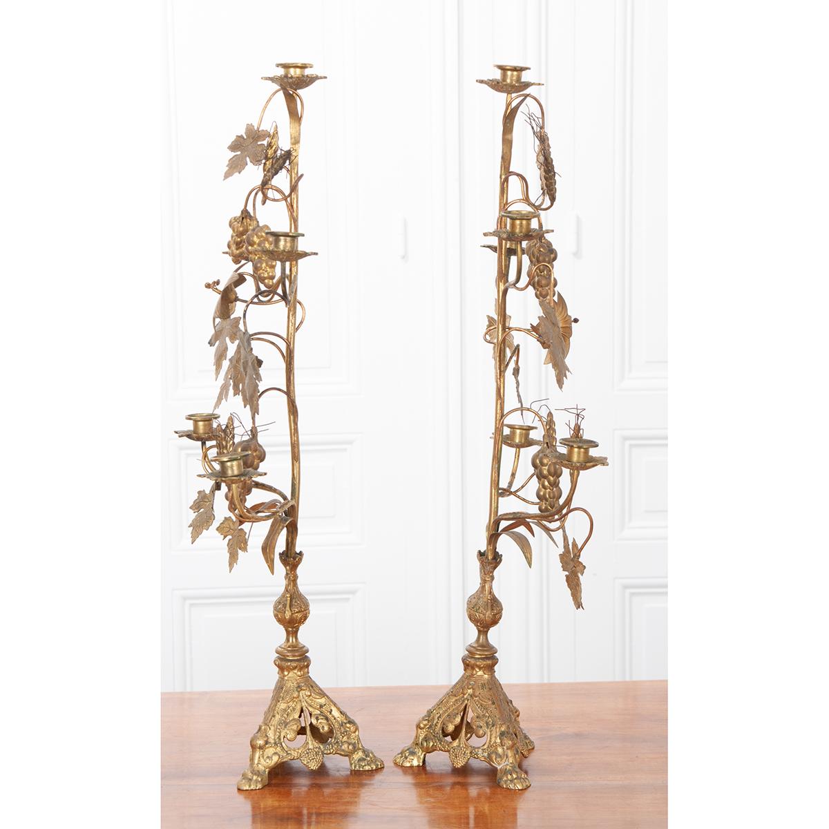 Pair of French 19th Century Brass Altar Candelabra 4