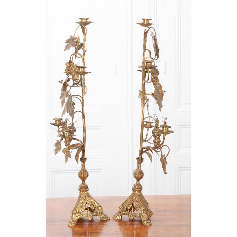 Pair of French 19th Century Brass Altar Candelabra For Sale 4