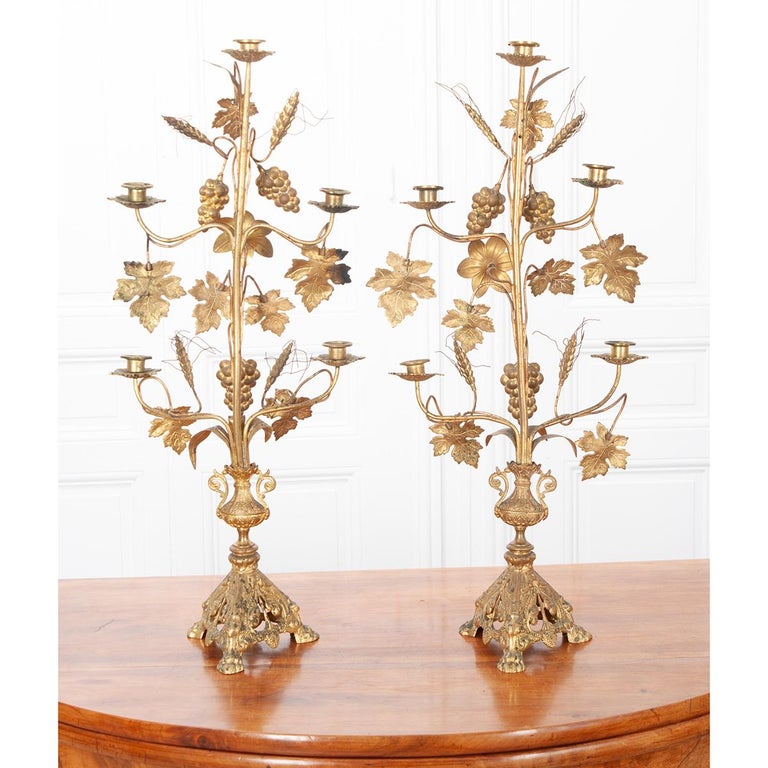 Pair of French 19th Century Brass Altar Candelabra For Sale 5