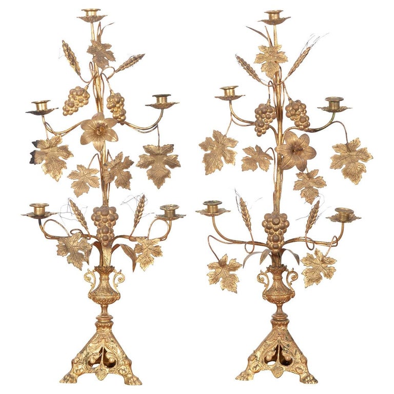 Pair of French 19th Century Brass Altar Candelabra For Sale