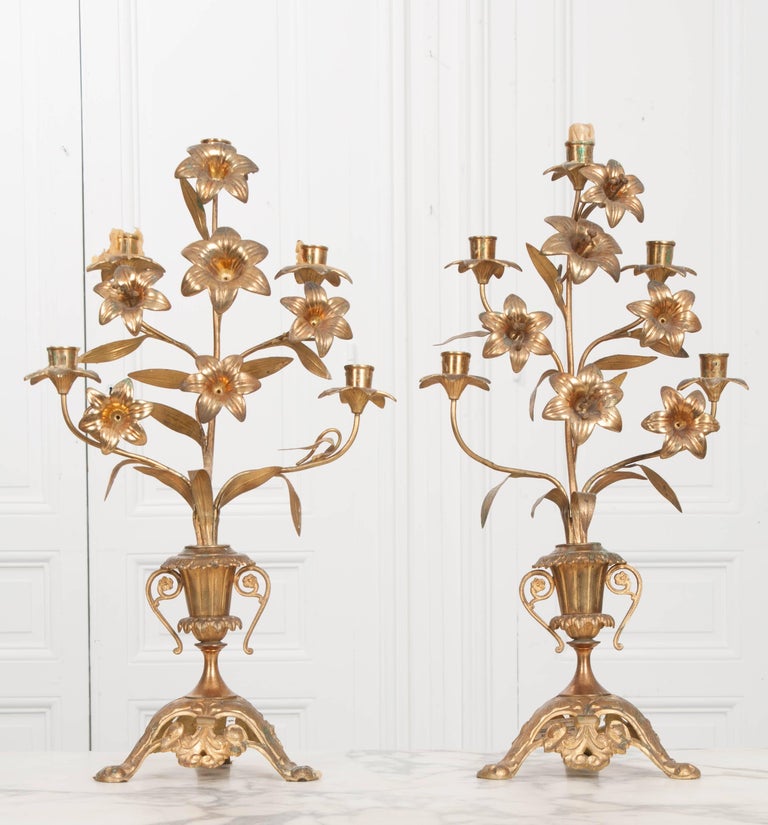 Pair of French 19th Century Brass Altar Candelabras at 1stDibs