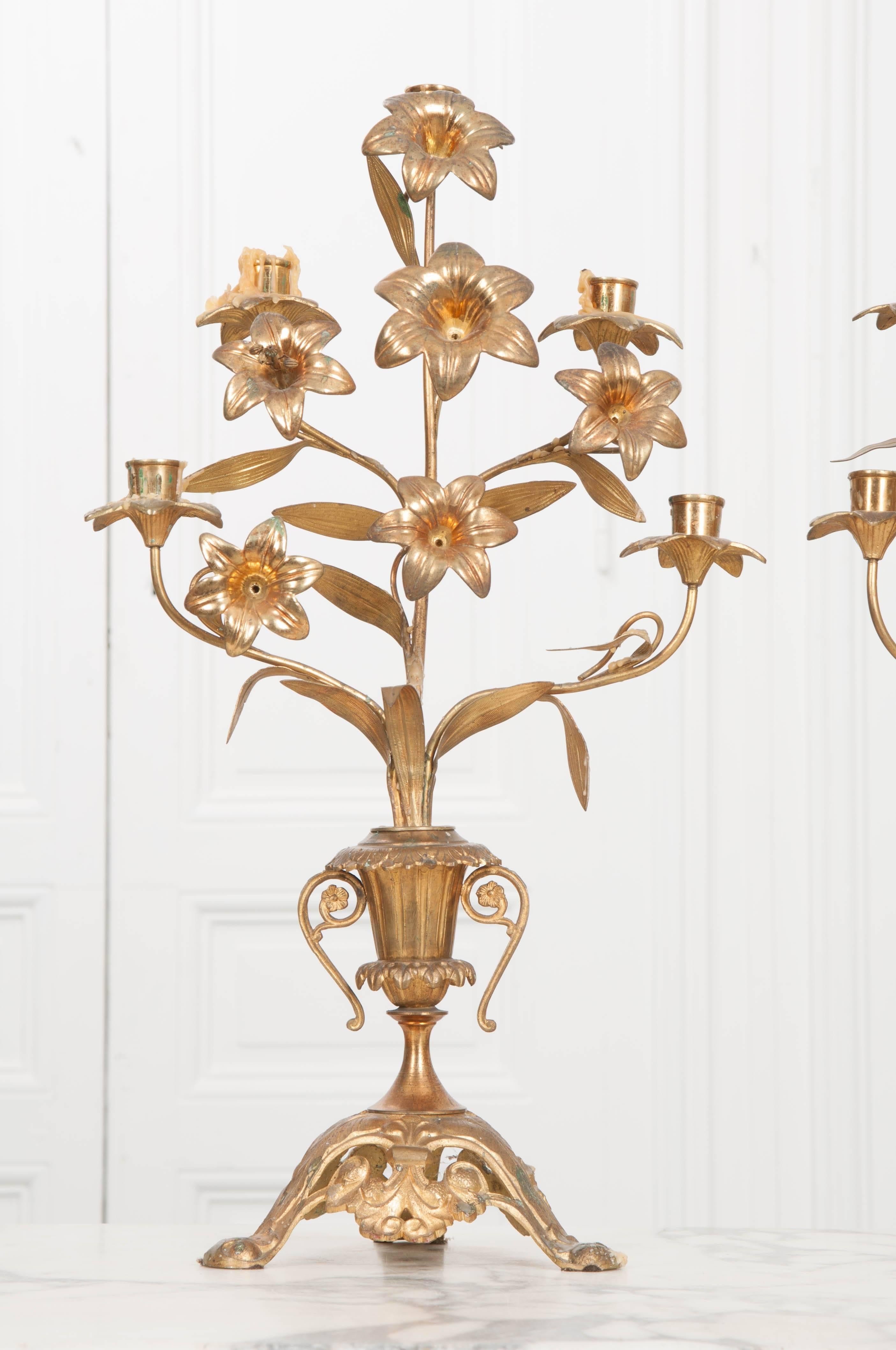 Pair of French 19th Century Brass Altar Candelabras In Good Condition In Baton Rouge, LA