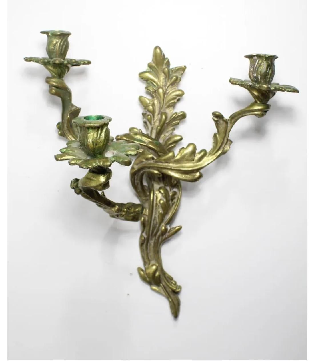 Pair of French 19th Century Bronze 3 Light Rococo Style Candle Sconces For Sale 2