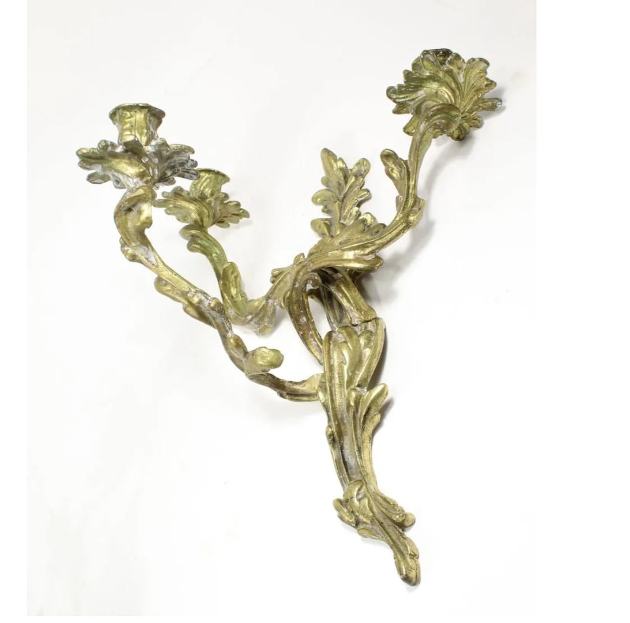 Pair of French 19th Century Bronze 3 Light Rococo Style Candle Sconces For Sale 3