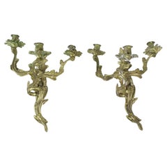 Antique Pair of French 19th Century Bronze 3 Light Rococo Style Candle Sconces