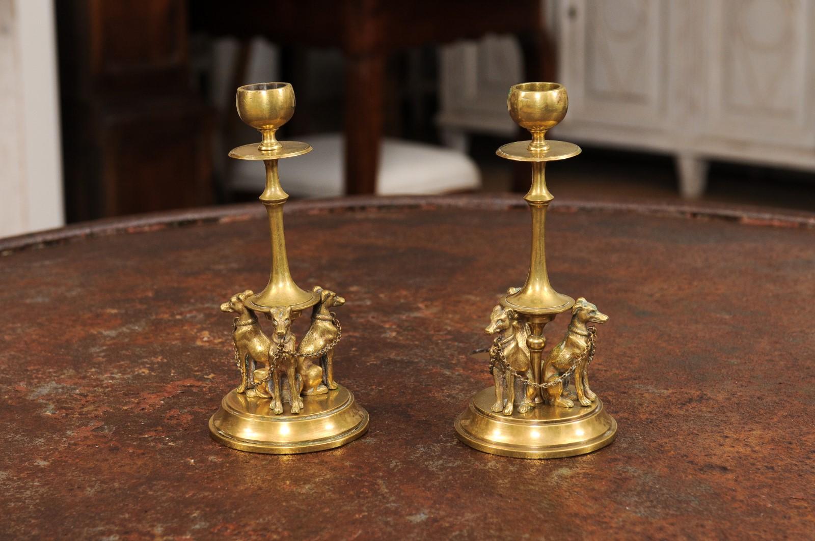 Pair of French 19th Century Bronze Candlesticks Decorated with Greyhound Dogs For Sale 8