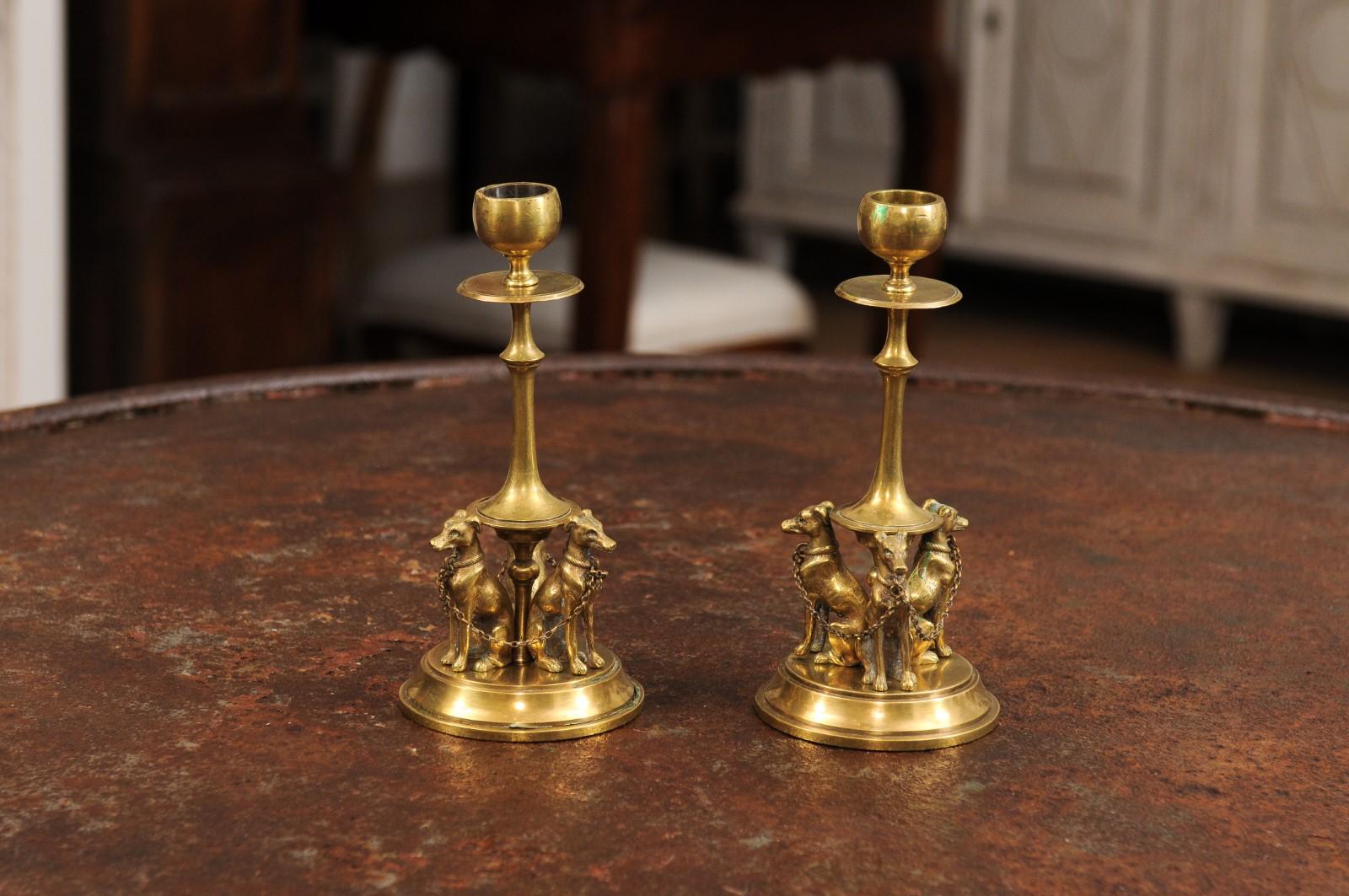 Pair of French 19th Century Bronze Candlesticks Decorated with Greyhound Dogs For Sale 9