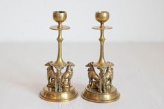 Pair of French 19th Century Bronze Candlesticks Decorated with Greyhound Dogs