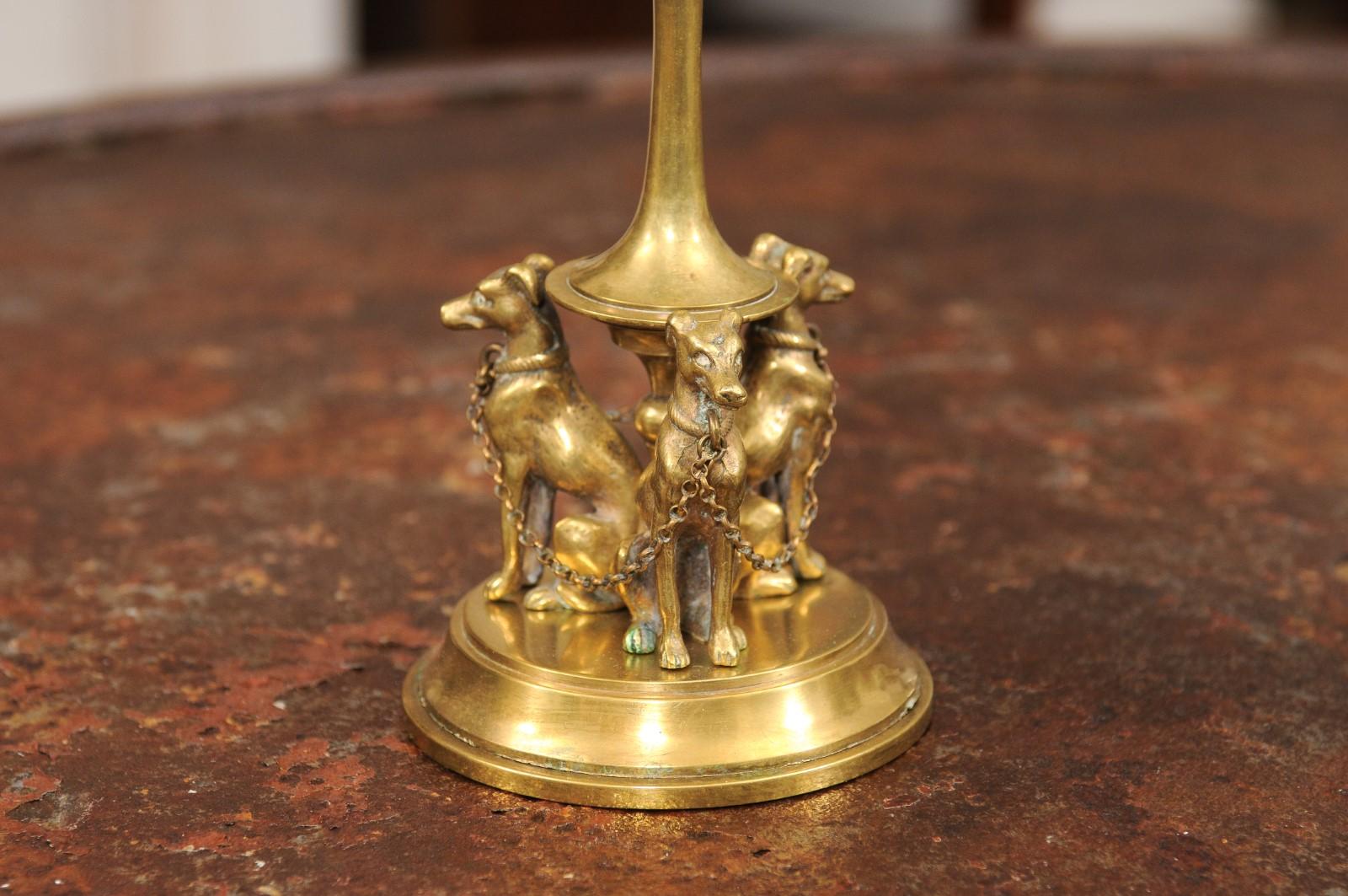 Pair of French 19th Century Bronze Candlesticks Decorated with Greyhound Dogs For Sale 2