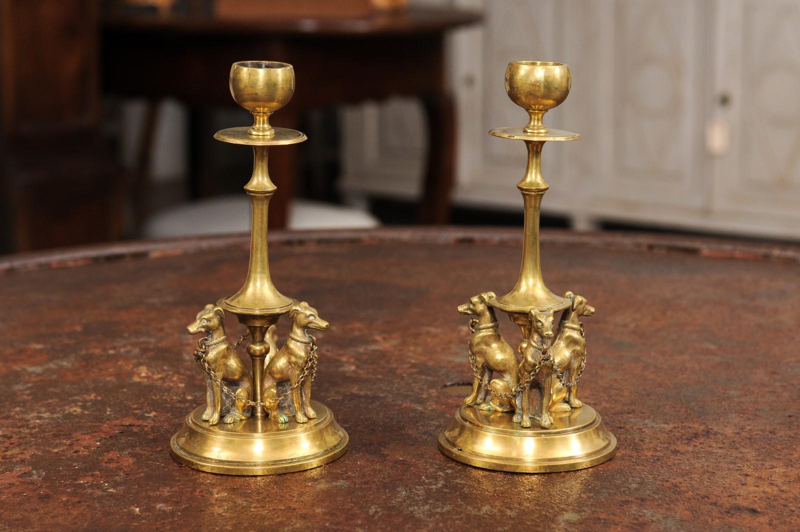 Pair of French 19th Century Bronze Candlesticks Decorated with Greyhound Dogs For Sale 5