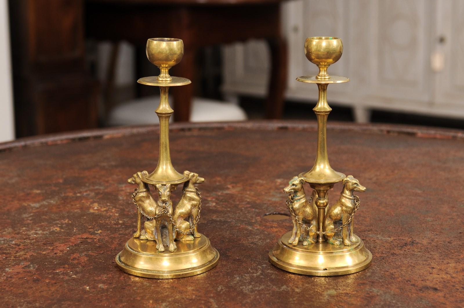 Pair of French 19th Century Bronze Candlesticks Decorated with Greyhound Dogs For Sale 6
