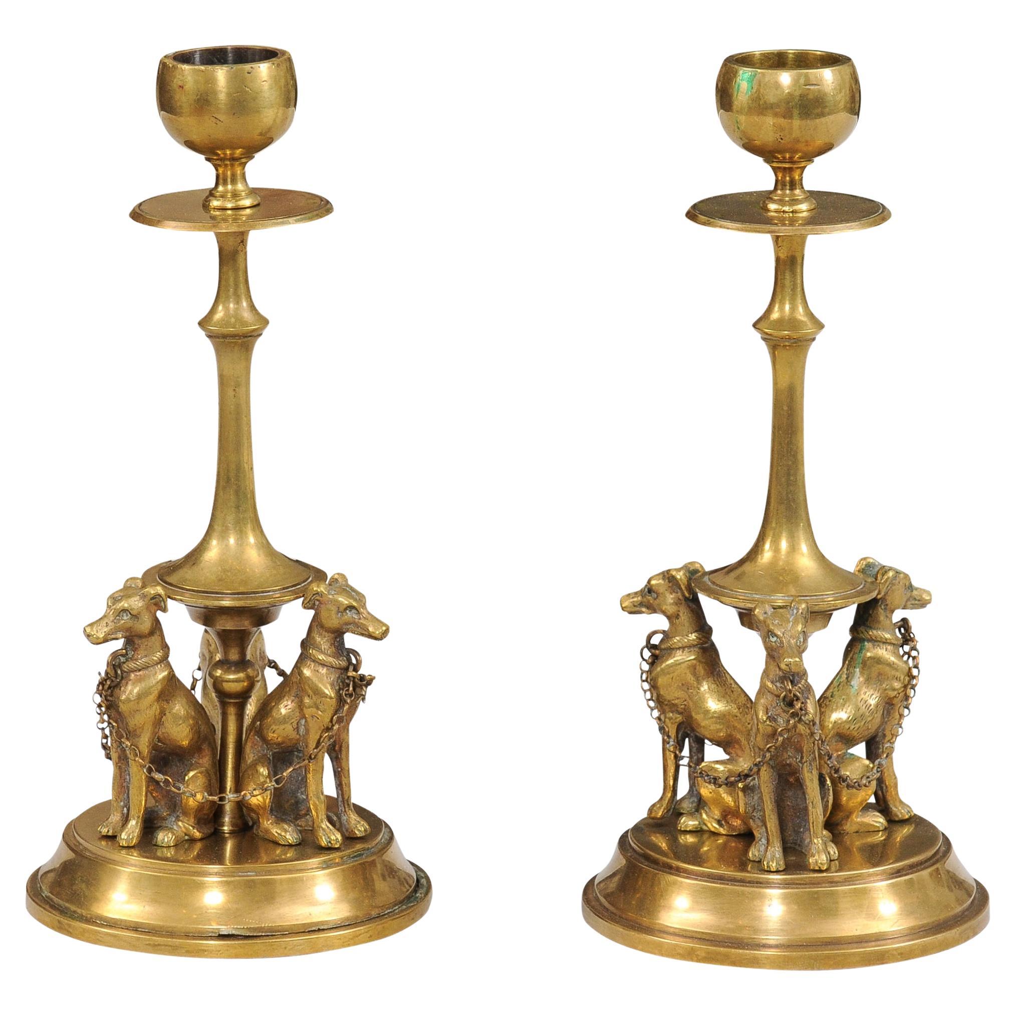 Pair of French 19th Century Bronze Candlesticks Decorated with Greyhound Dogs For Sale